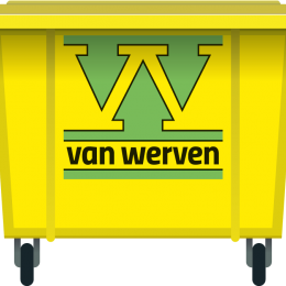 Gele rolcontainer met het logo van Van Werven